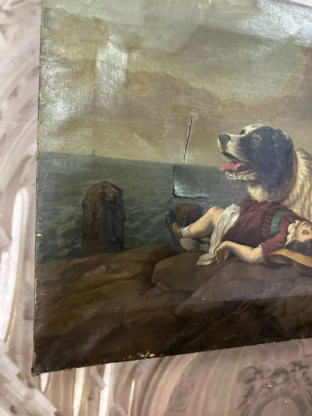 Antikes Ölgemälde nach Edwin Landseer Hund Rettet Mädchen 19 tes Jhdt