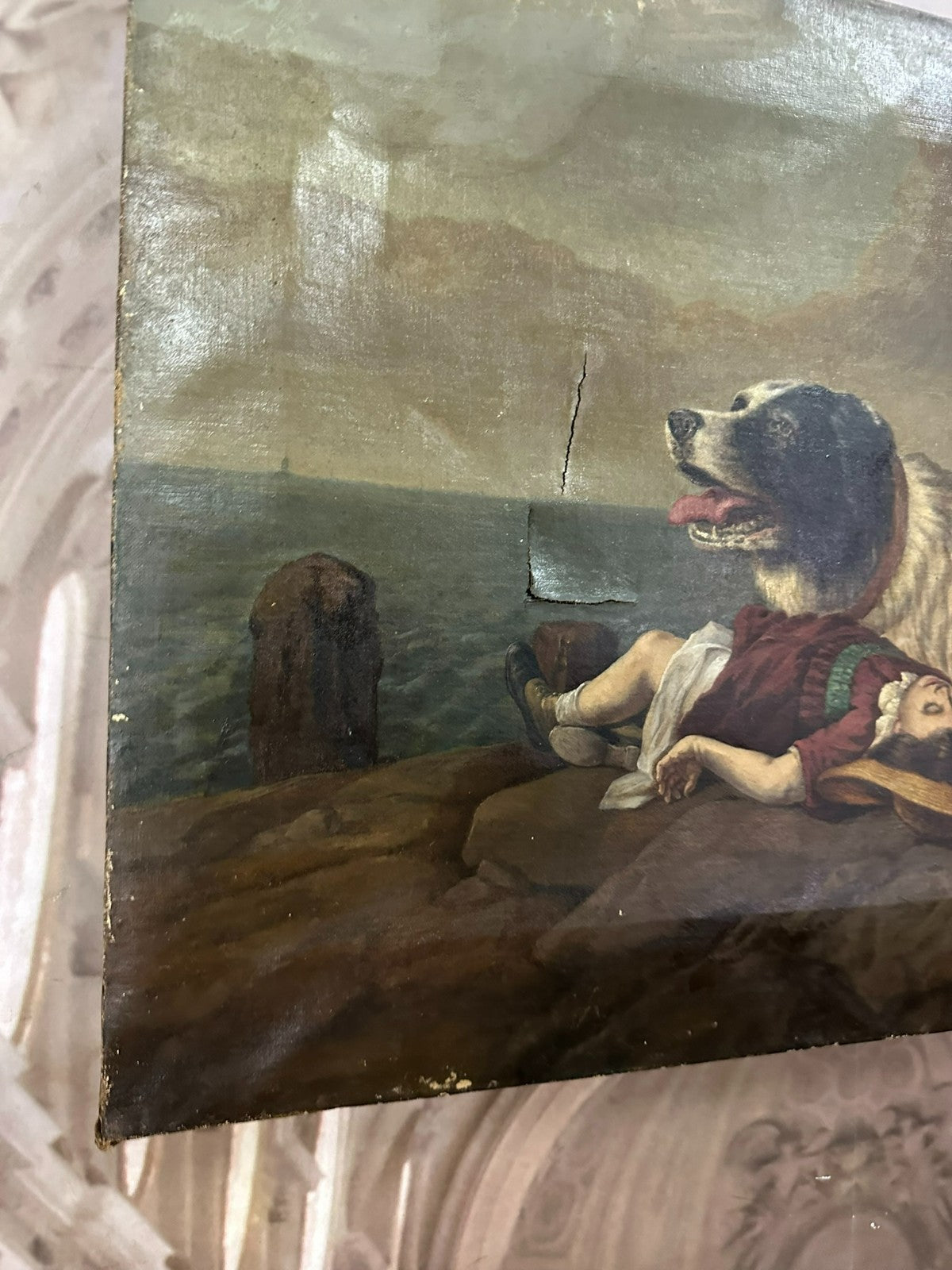 Antikes Ölgemälde nach Edwin Landseer Hund Rettet Mädchen 19 tes Jhdt