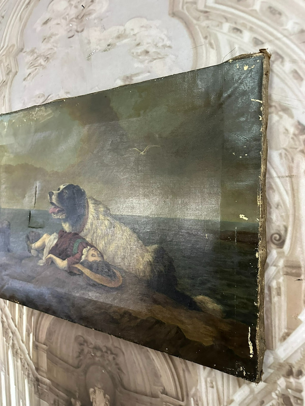 Antikes Ölgemälde nach Edwin Landseer Hund Rettet Mädchen 19 tes Jhdt