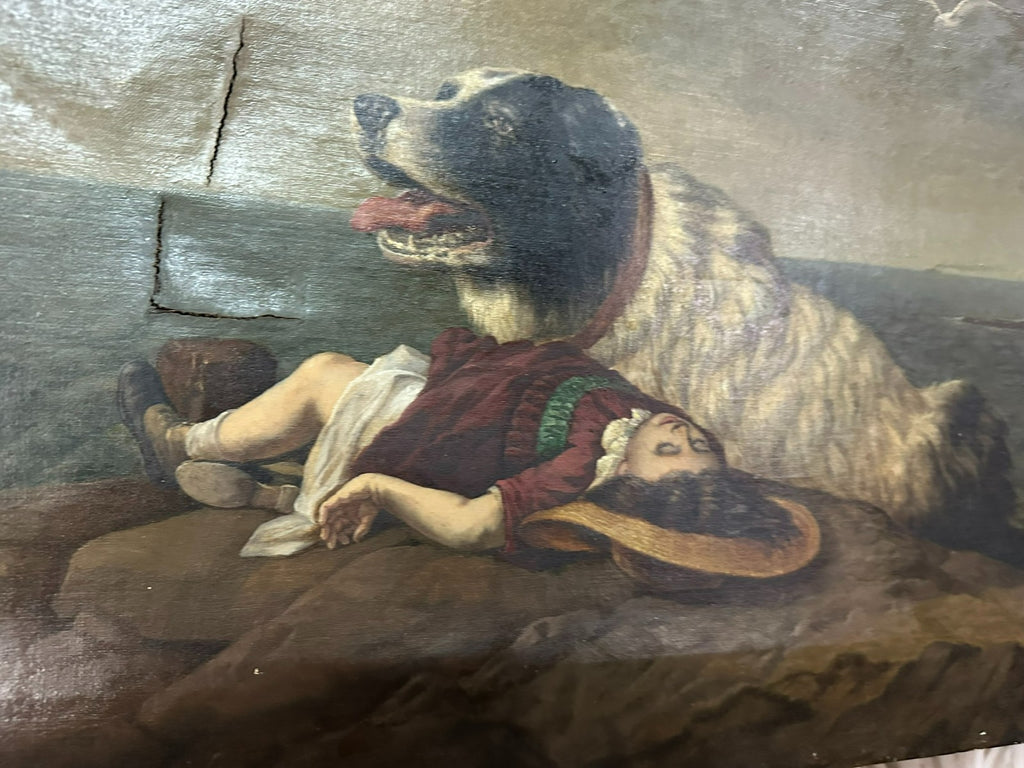 Antikes Ölgemälde nach Edwin Landseer Hund Rettet Mädchen 19 tes Jhdt