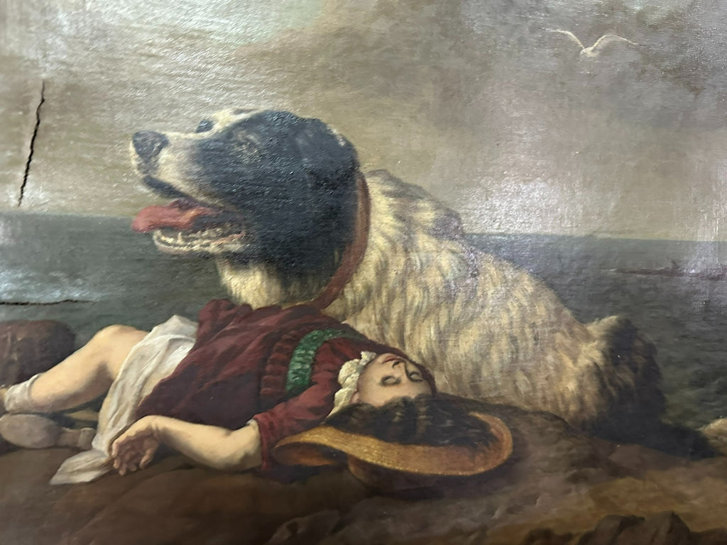 Antikes Ölgemälde nach Edwin Landseer Hund Rettet Mädchen 19 tes Jhdt