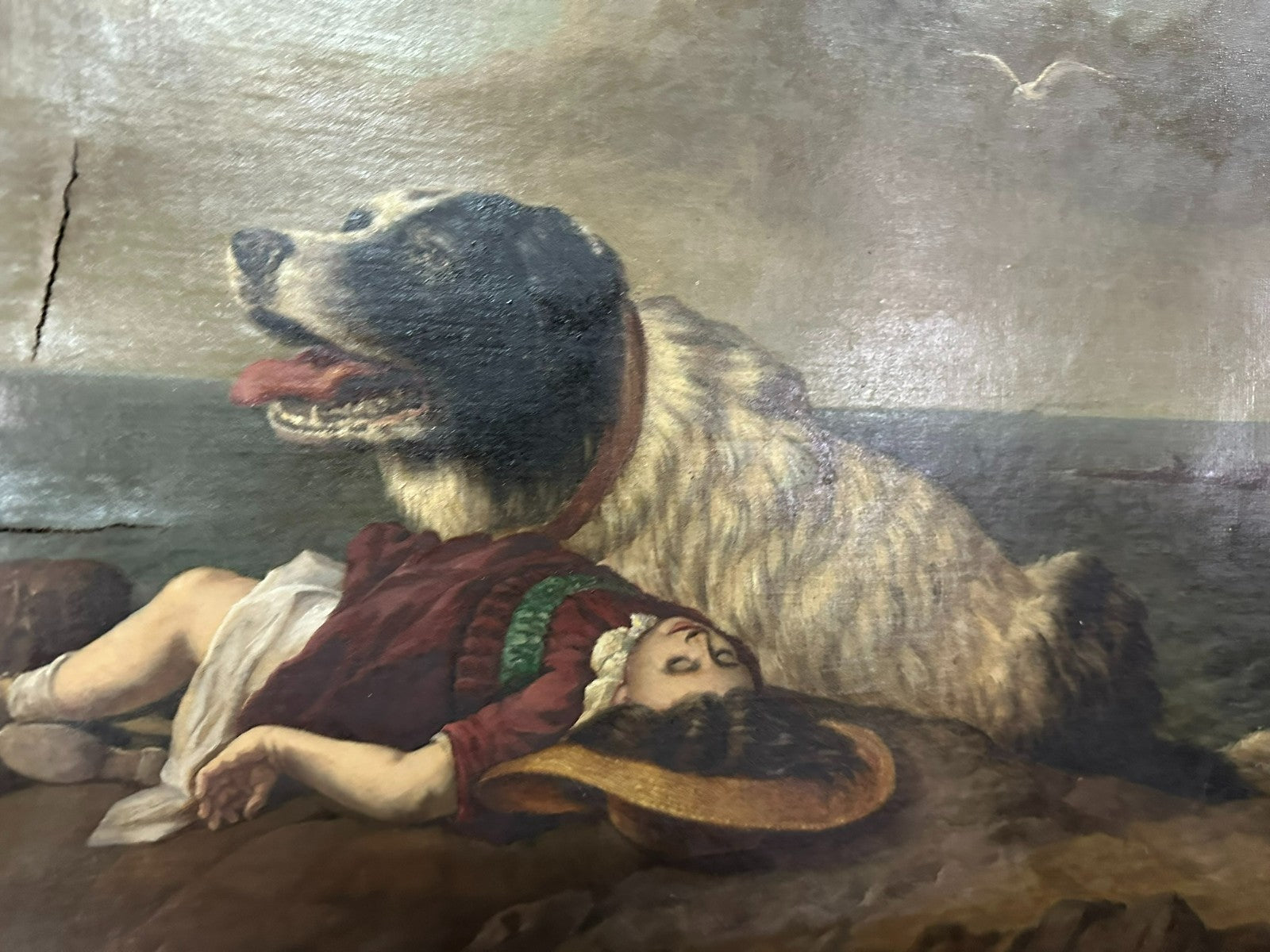 Antikes Ölgemälde nach Edwin Landseer Hund Rettet Mädchen 19 tes Jhdt