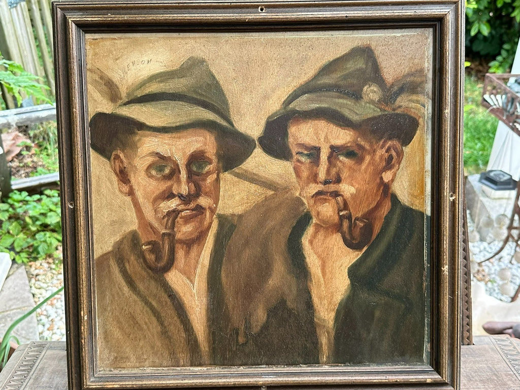 Ölgemälde Portrait Zwei Bauer mit Pfeife und Hut