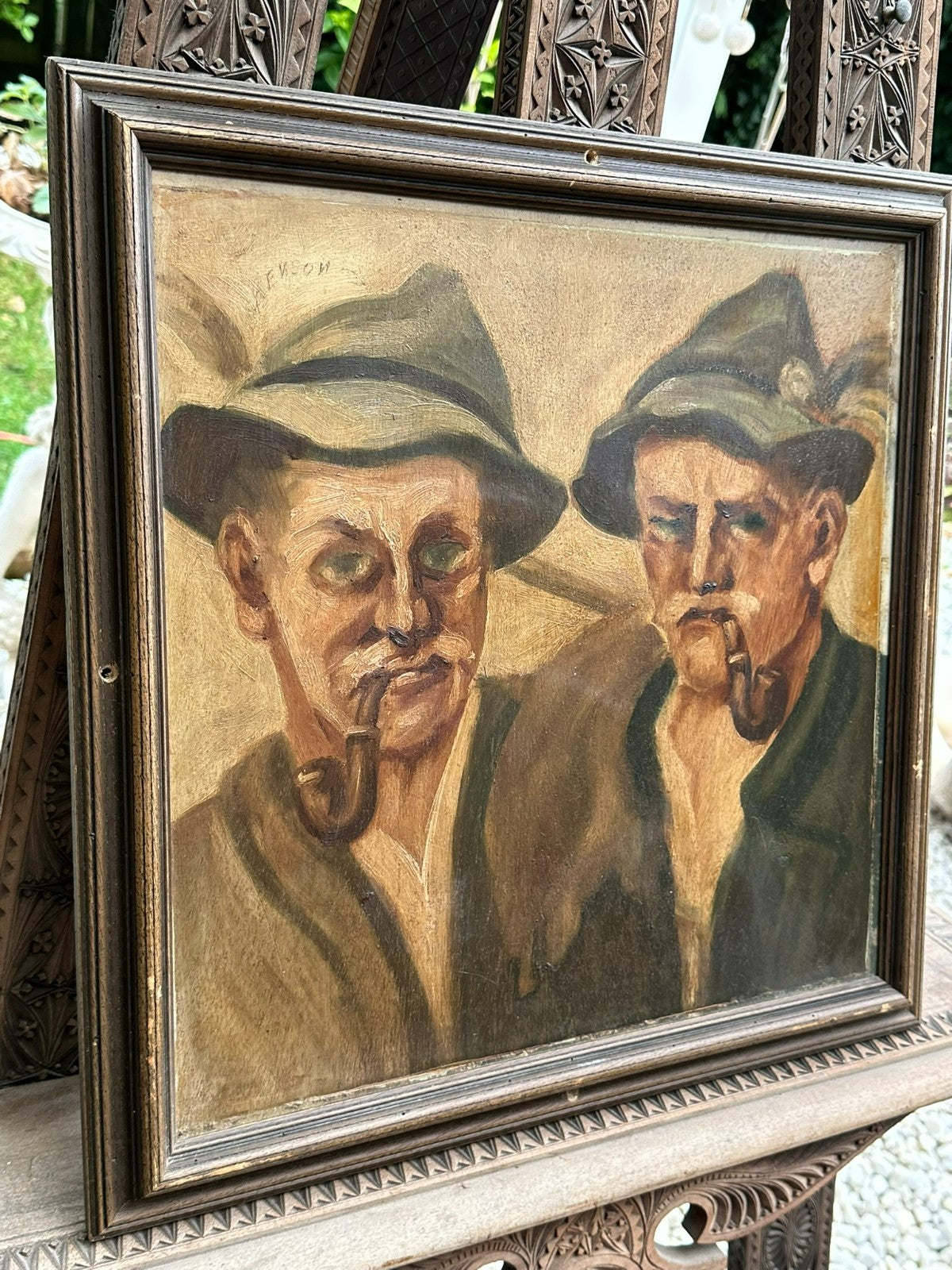 Ölgemälde Portrait Zwei Bauer mit Pfeife und Hut
