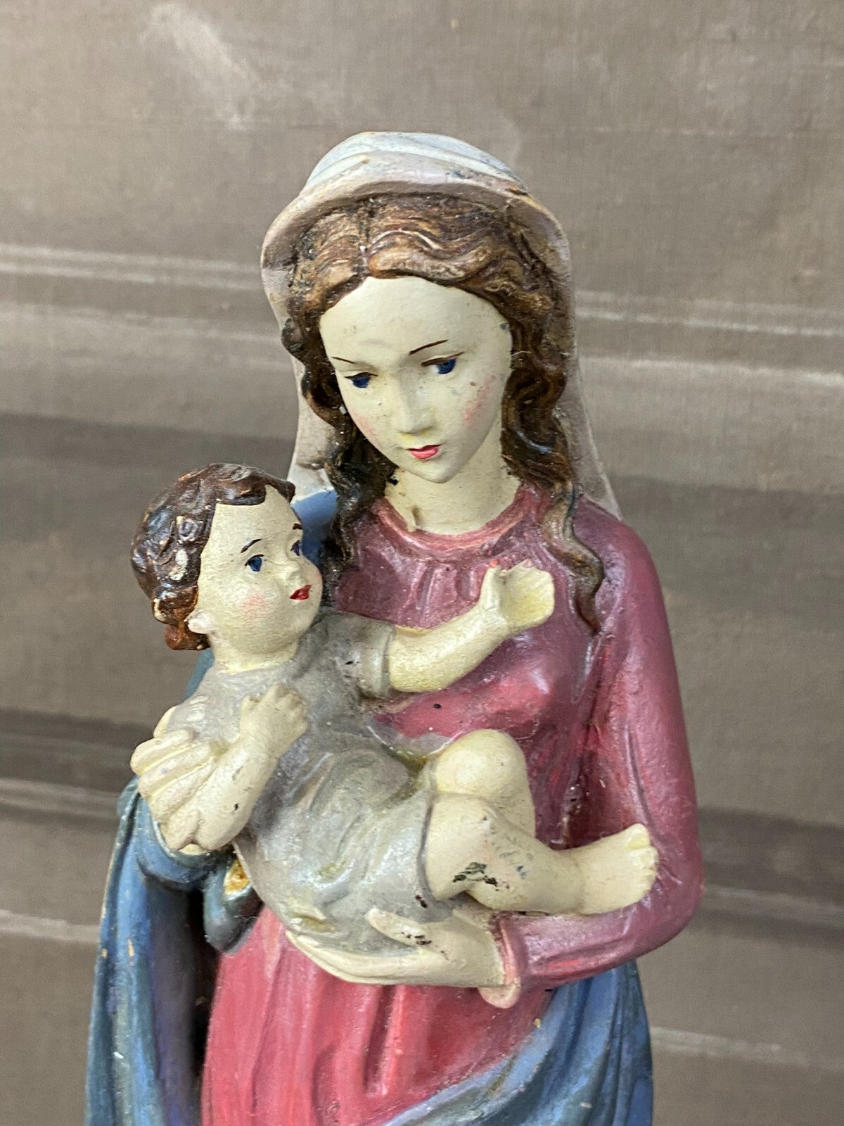 Heiligenfigur Heilige Maria mit dem Jesuskind Holz handbemalt Polychromie 28cm