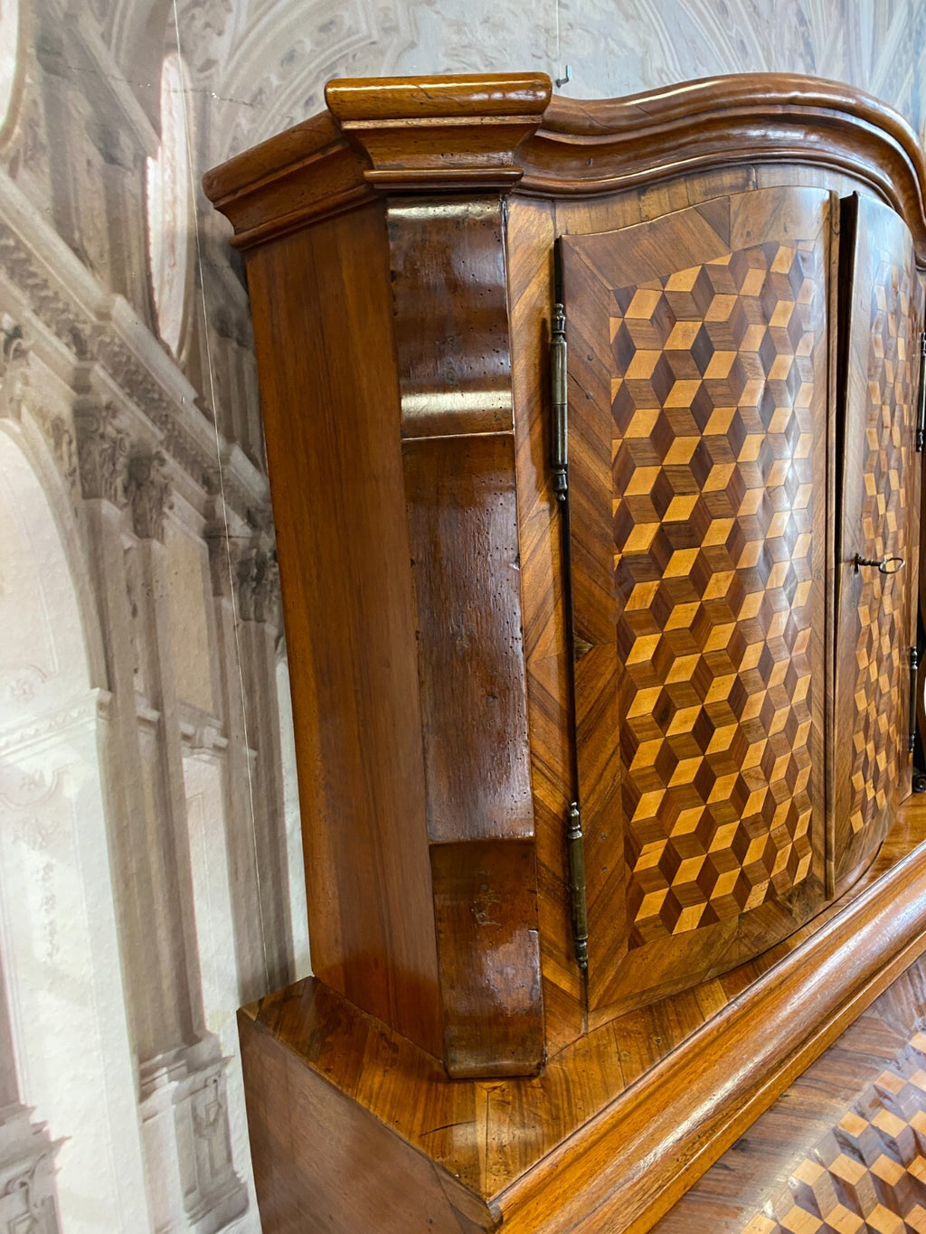 Antiker Tabernakelsekretär Barock Sekretär 18 tes Marketerie Nussbaum Intarsien