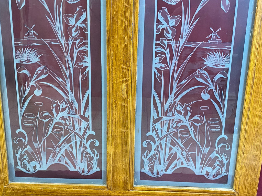 Antike Doppel Glasscheibe Glas Fenster Jugendstil um 1890 Blumen Girlanden Vogel