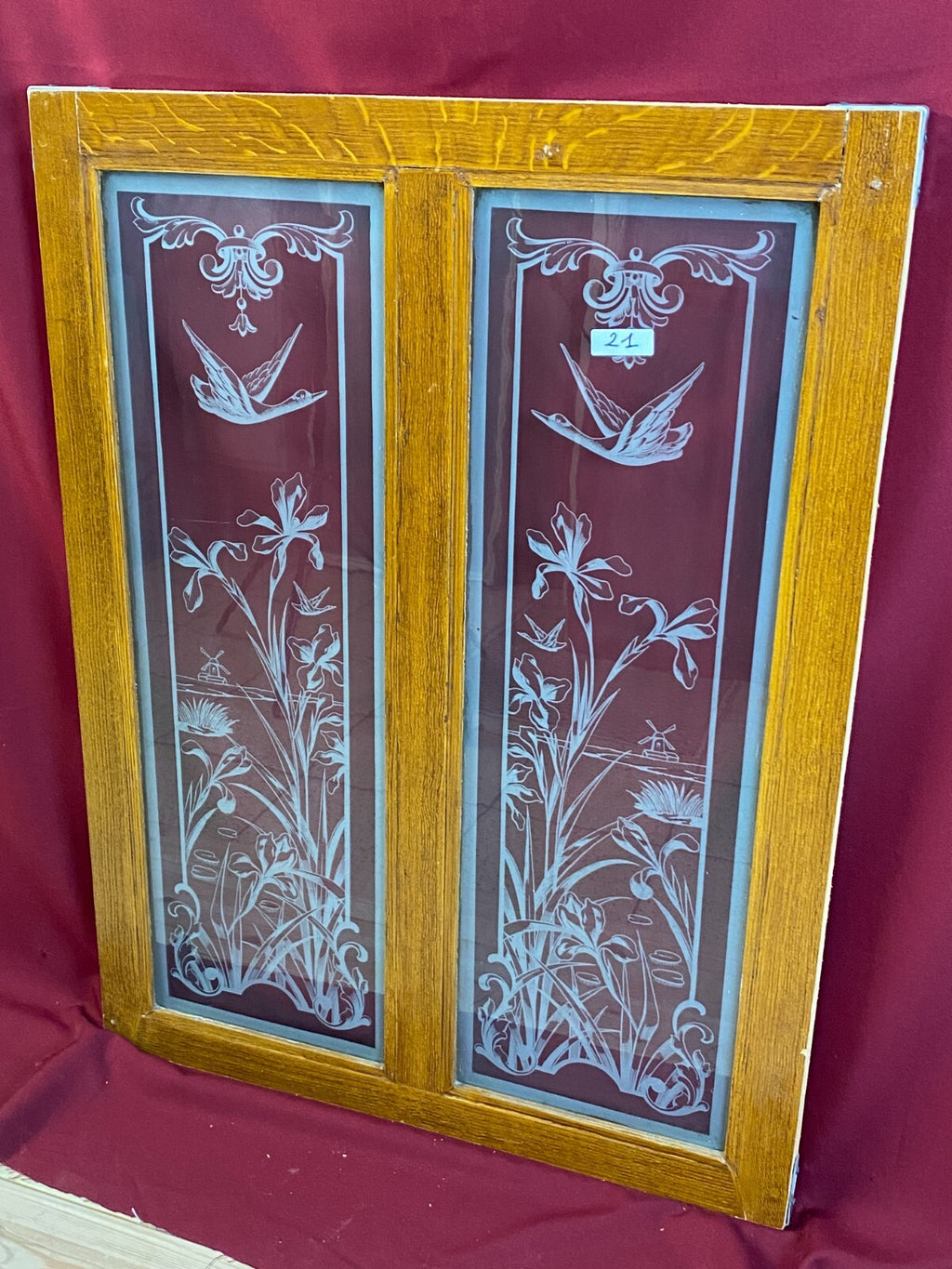 Antike Doppel Glasscheibe Glas Fenster Jugendstil um 1890 Blumen Girlanden Vogel