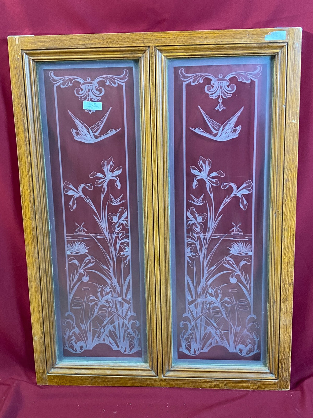 Antike Doppel Glasscheibe Glas Fenster Jugendstil um 1890 Blumen Girlanden Vogel
