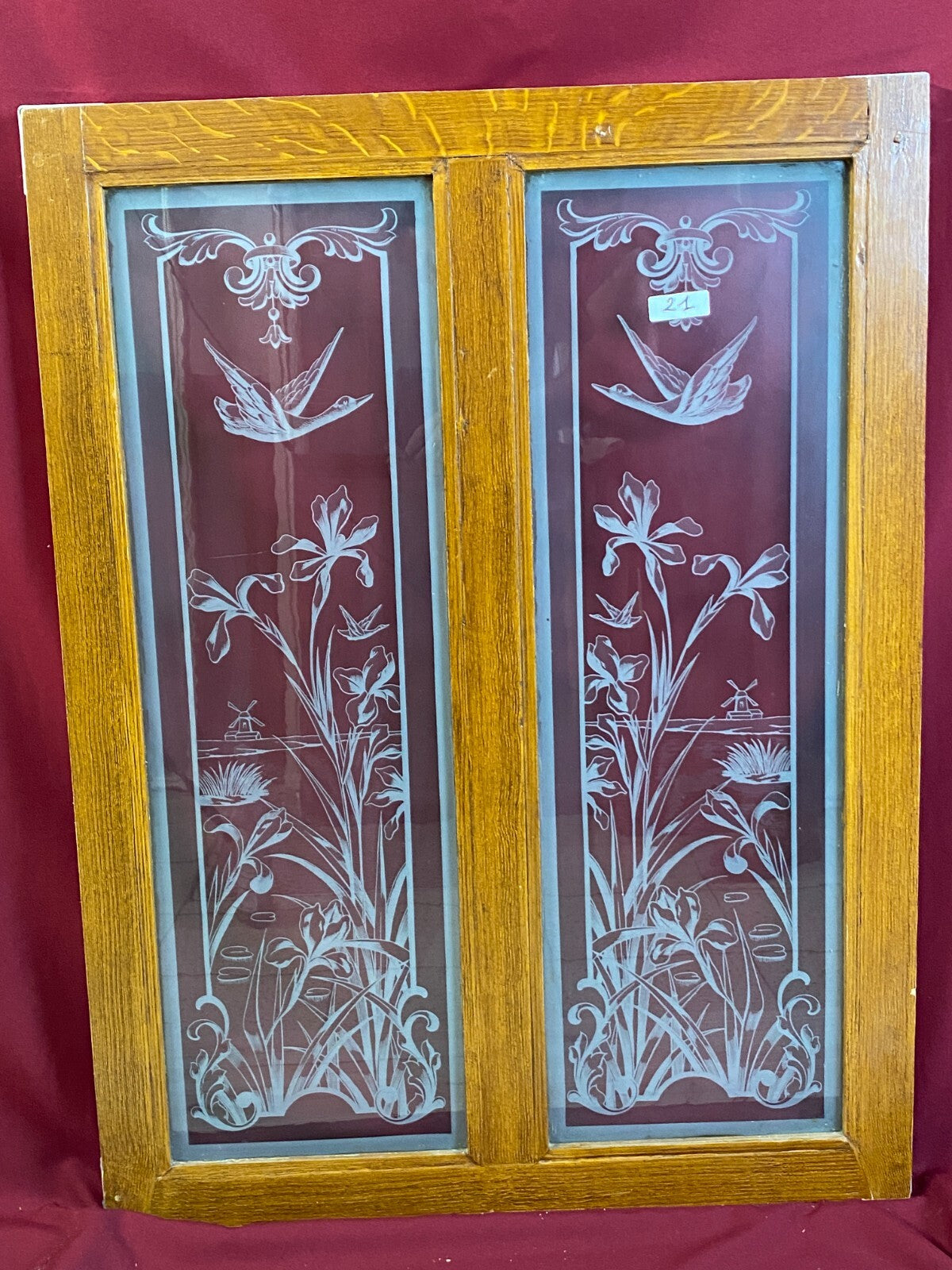 ANTIKE DOPPEL GLASSCHEIBE GLAS FENSTER JUGENDSTIL UM 1890 BLUMEN GIRLANDEN VOGEL
