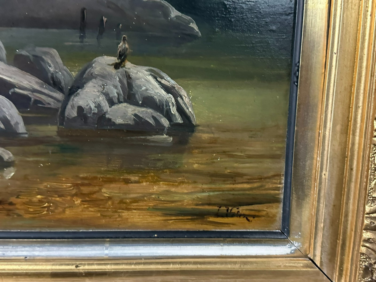 L. Valez antikes Ölgemälde Romatiker Fluss Landschaft vor Gebirge
