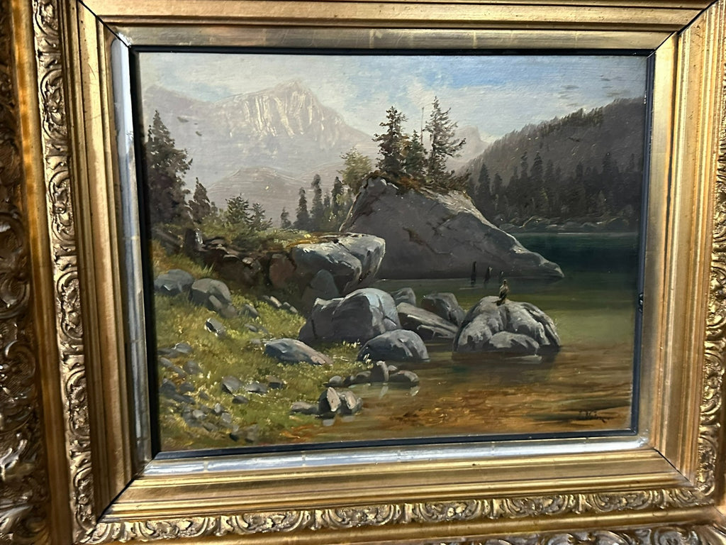 L. Valez antikes Ölgemälde Romatiker Fluss Landschaft vor Gebirge