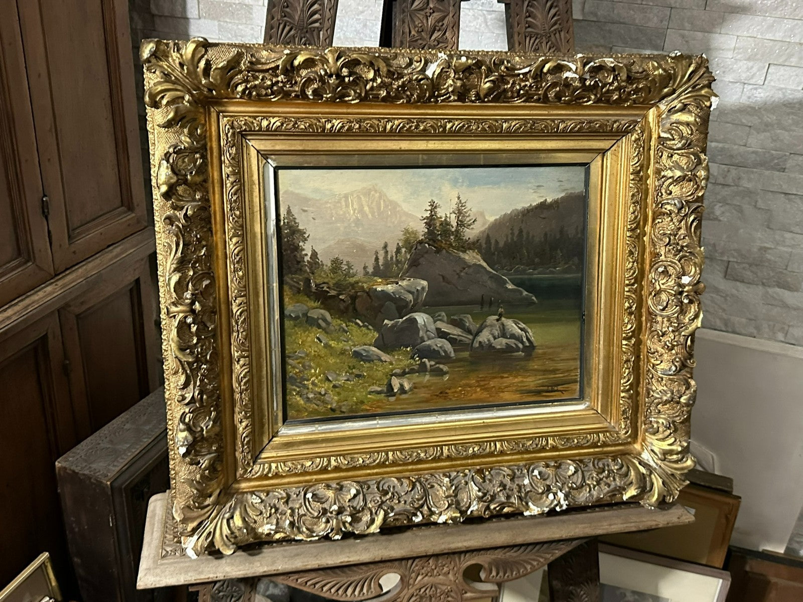 L. Valez antikes Ölgemälde Romatiker Fluss Landschaft vor Gebirge