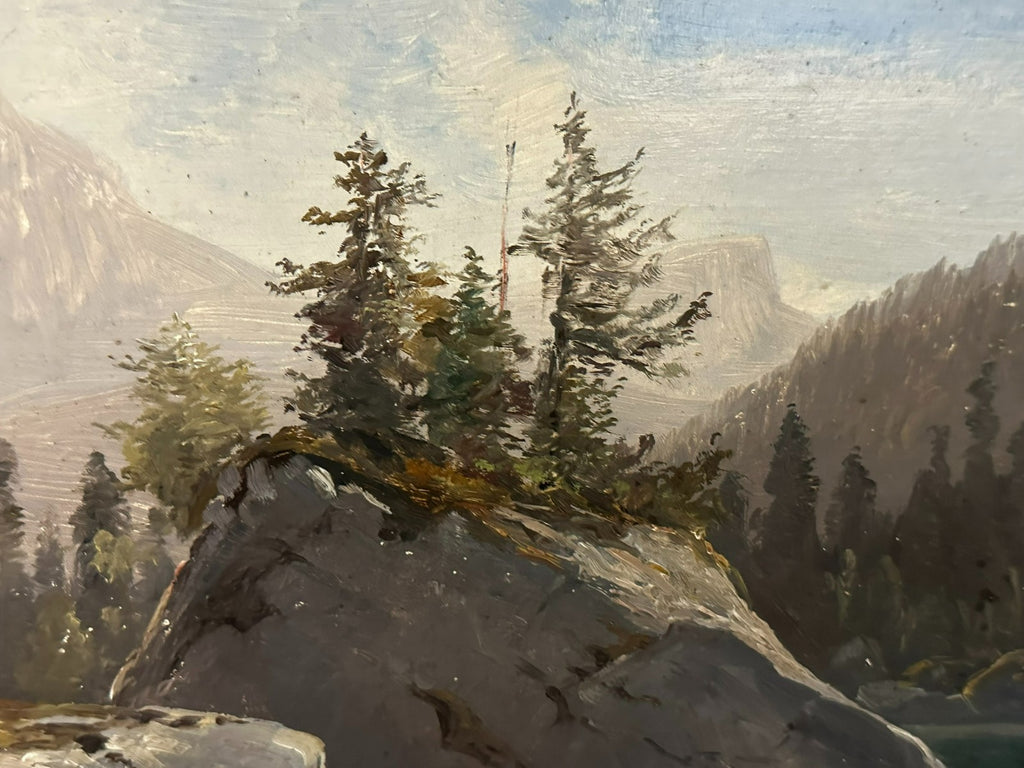 L. Valez antikes Ölgemälde Romatiker Fluss Landschaft vor Gebirge