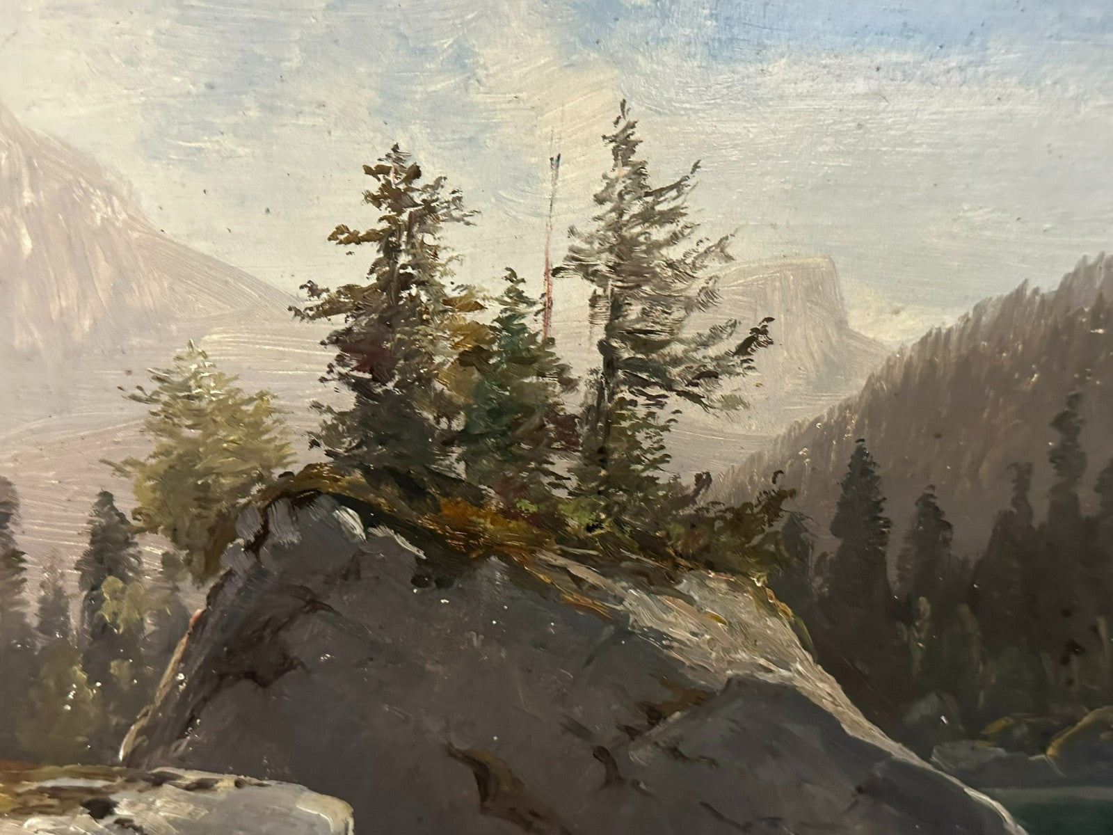 L. Valez antikes Ölgemälde Romatiker Fluss Landschaft vor Gebirge