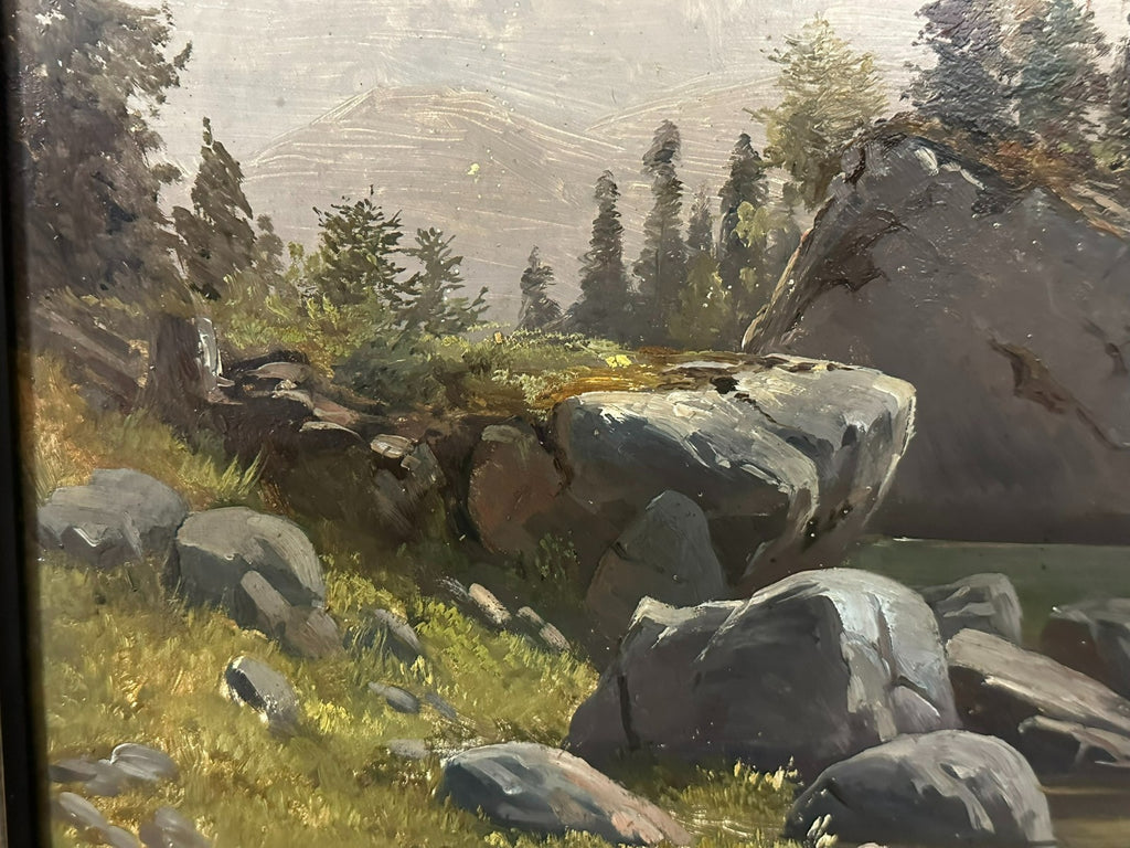 L. Valez antikes Ölgemälde Romatiker Fluss Landschaft vor Gebirge