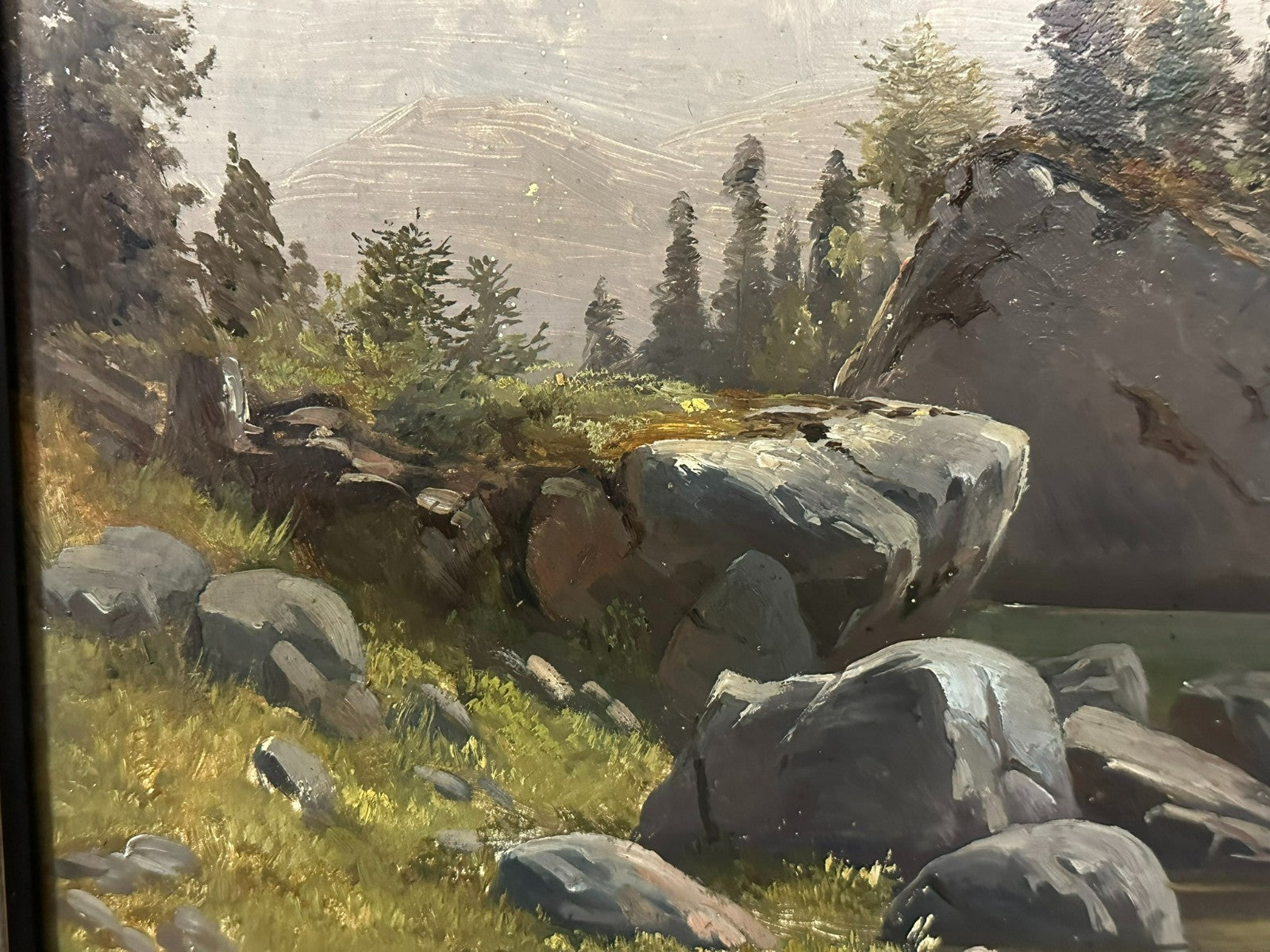 L. Valez antikes Ölgemälde Romatiker Fluss Landschaft vor Gebirge