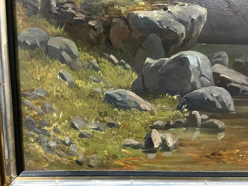 L. Valez antikes Ölgemälde Romatiker Fluss Landschaft vor Gebirge