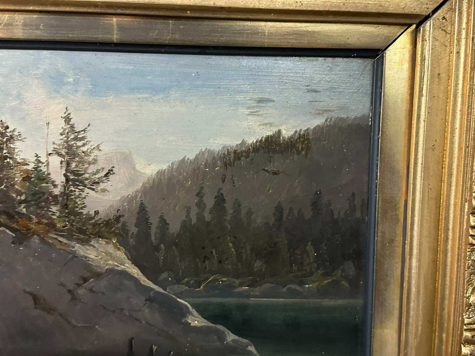 L. Valez antikes Ölgemälde Romatiker Fluss Landschaft vor Gebirge