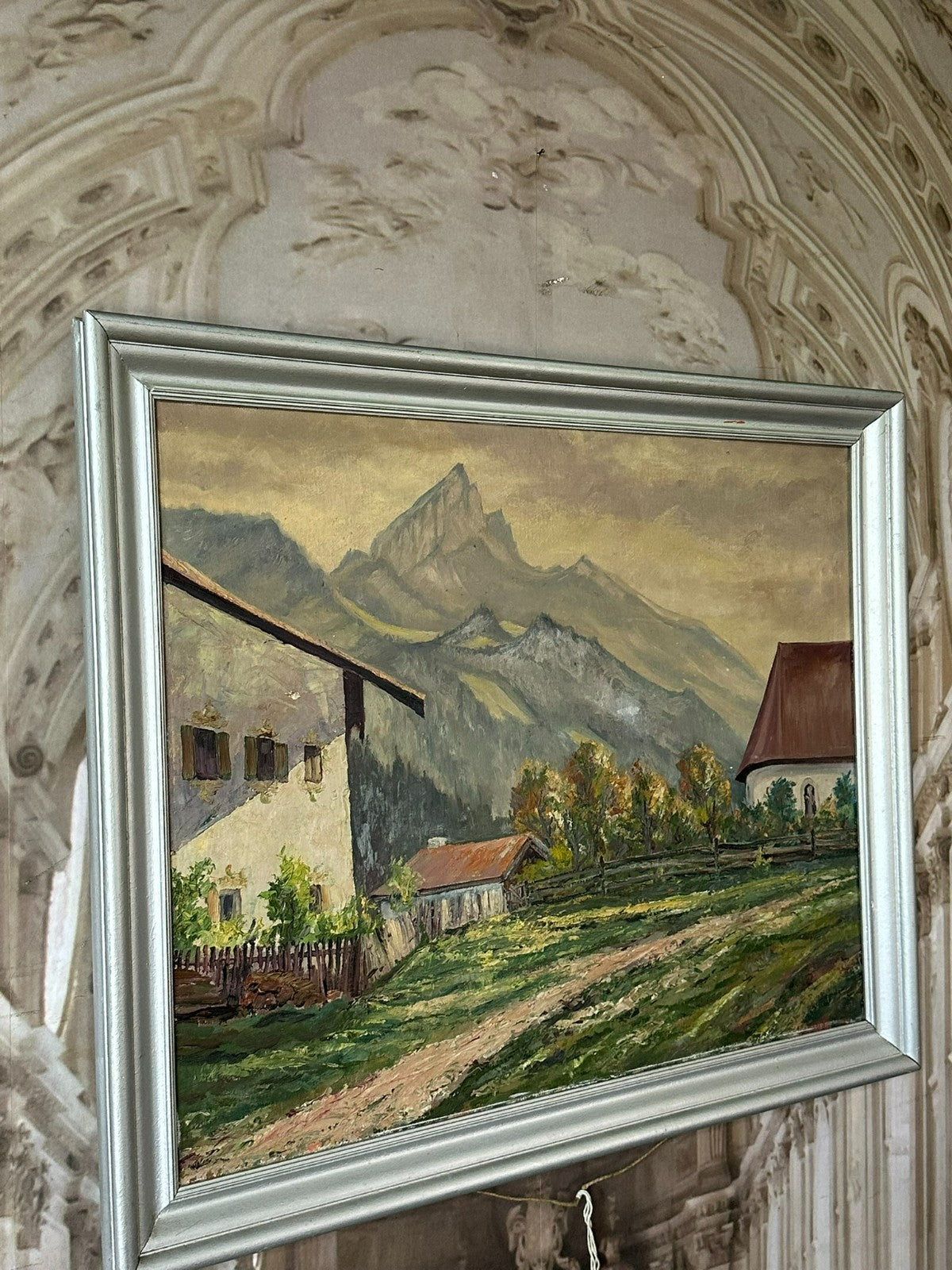 Ölgemälde auf Leinwand Landschaft mit Häusern vor Gebirge Nicht signiert
