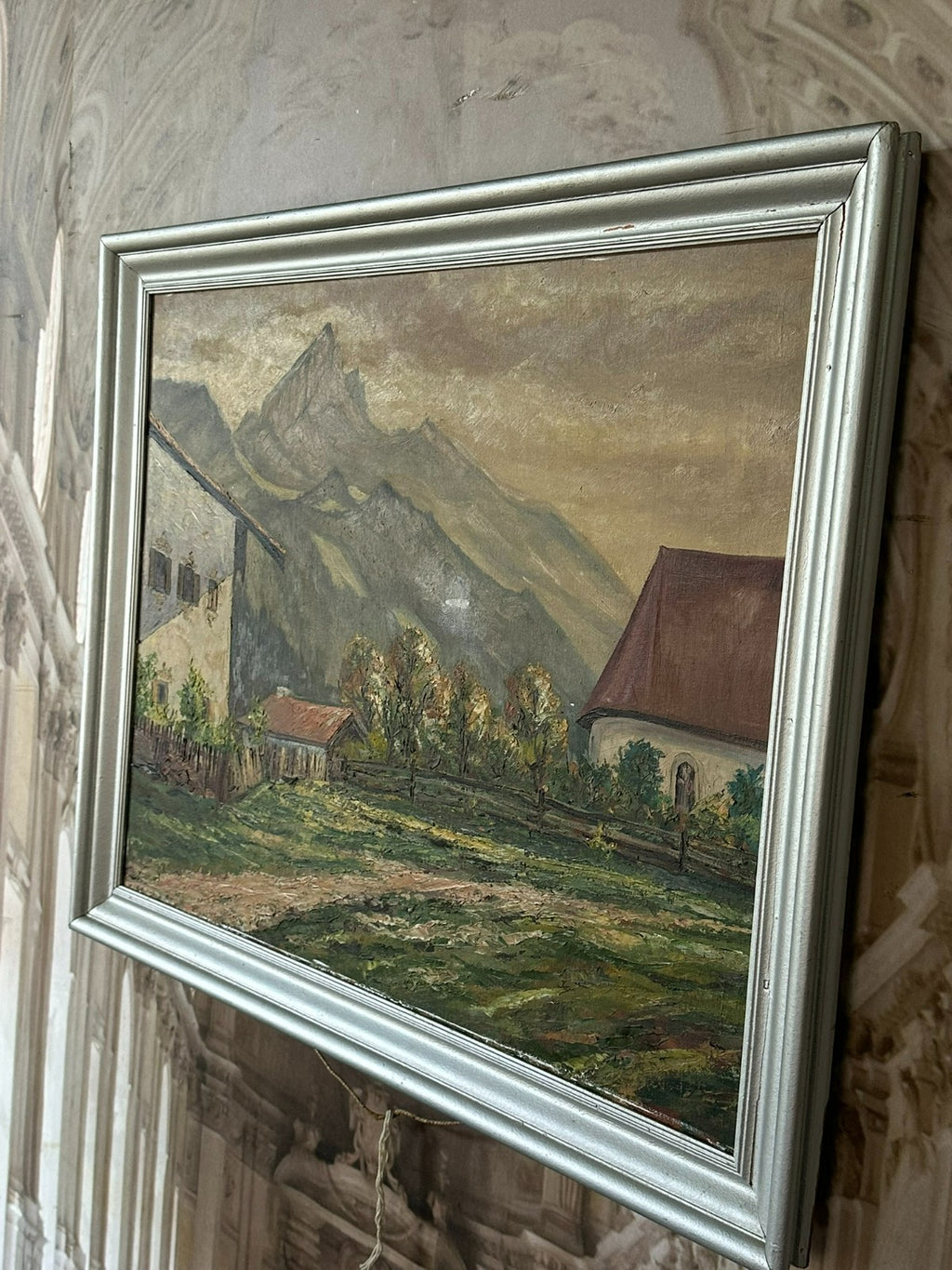Ölgemälde auf Leinwand Landschaft mit Häusern vor Gebirge Nicht signiert