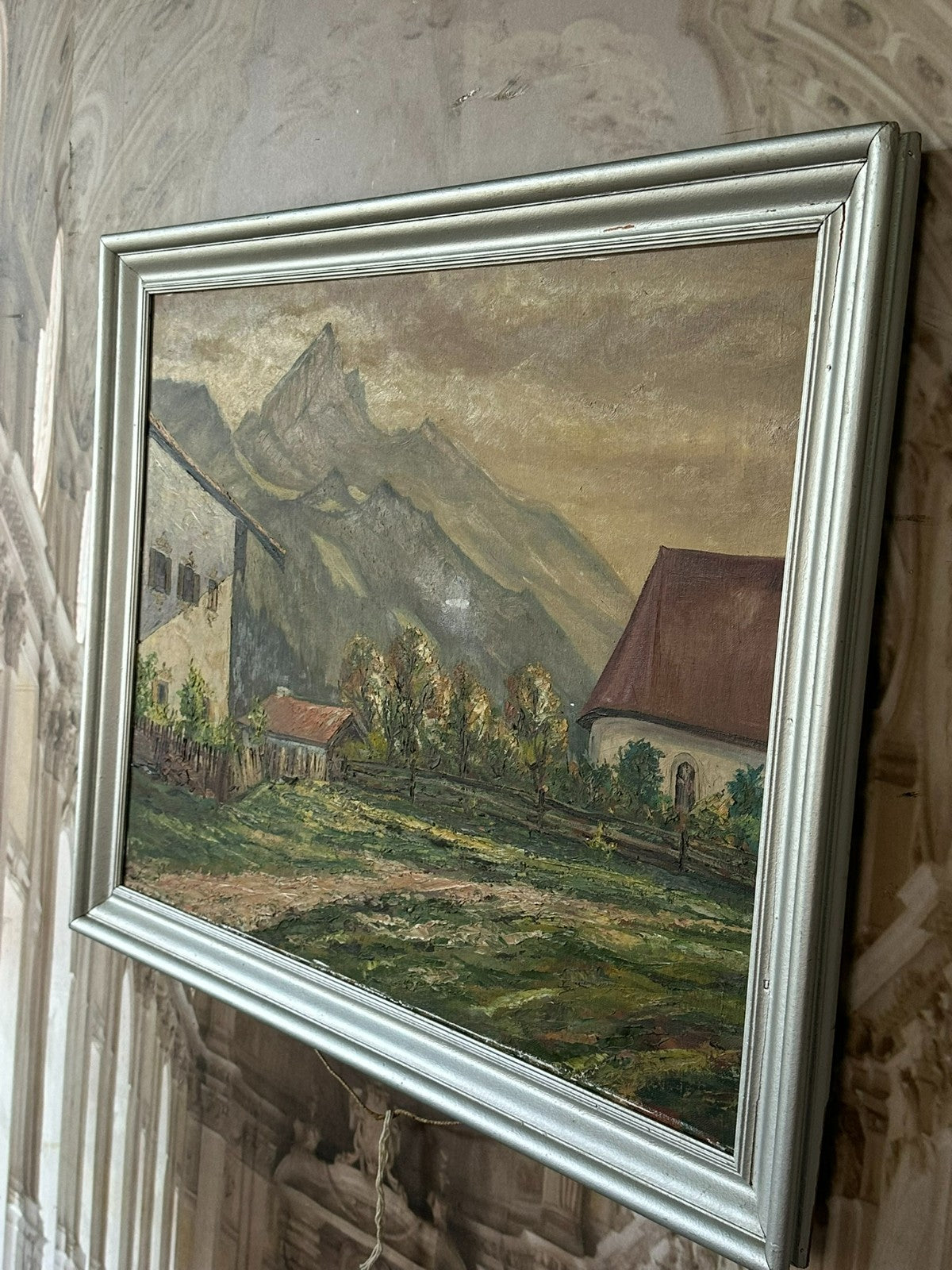 Ölgemälde auf Leinwand Landschaft mit Häusern vor Gebirge Nicht signiert