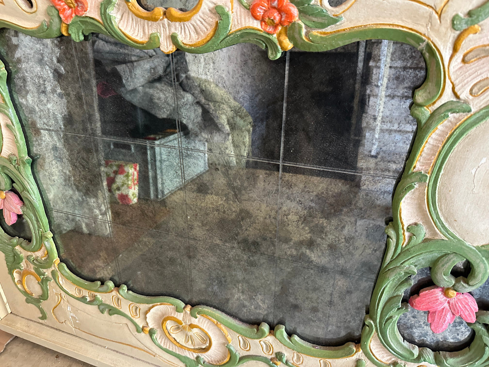 Grosser Vintage Landhaus Wandspiegel Spiegel Holz handbemalt