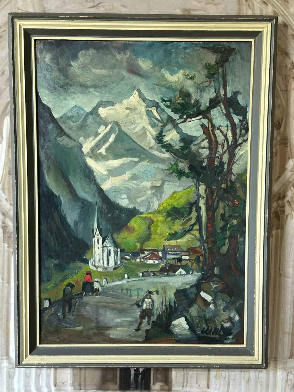 Grosses Ölgemälde Personen in Landschaft vor Gebirge