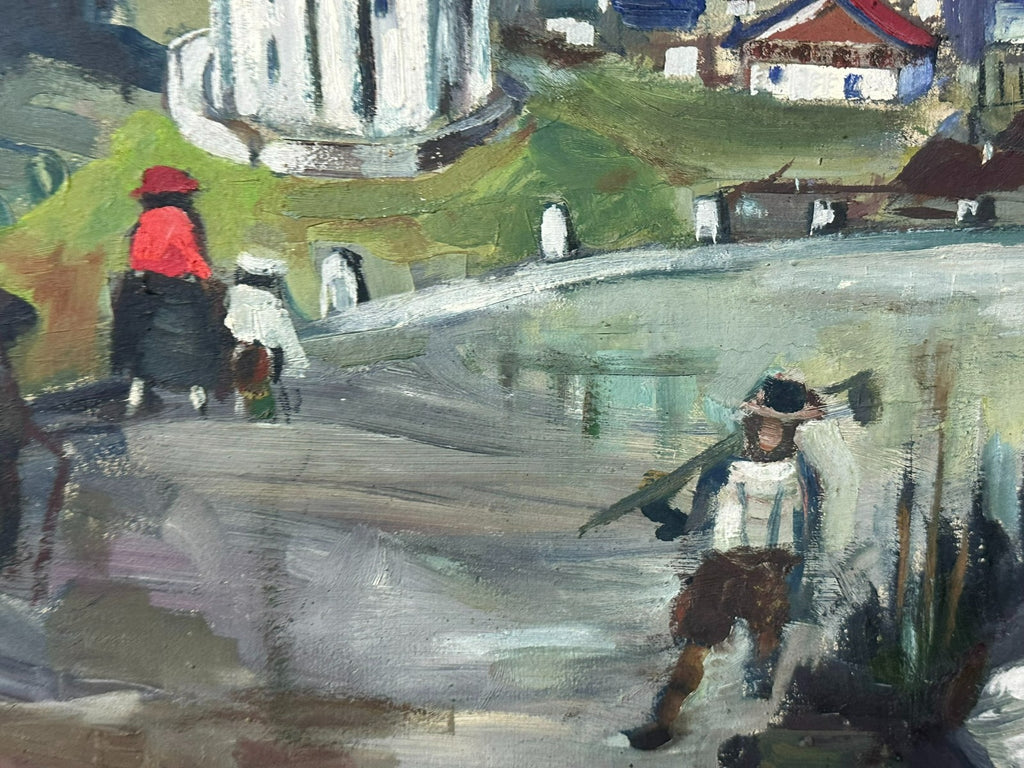 Grosses Ölgemälde Personen in Landschaft vor Gebirge