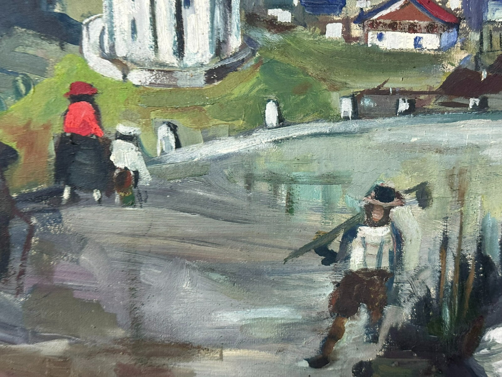 Grosses Ölgemälde Personen in Landschaft vor Gebirge