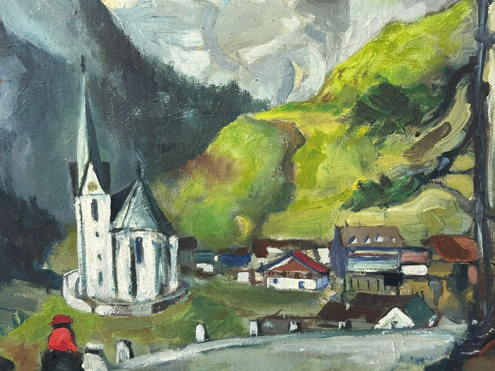 Grosses Ölgemälde Personen in Landschaft vor Gebirge