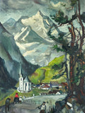 GROSSES ÖLGEMÄLDE PERSONEN IN LANDSCHAFT VOR GEBIRGE