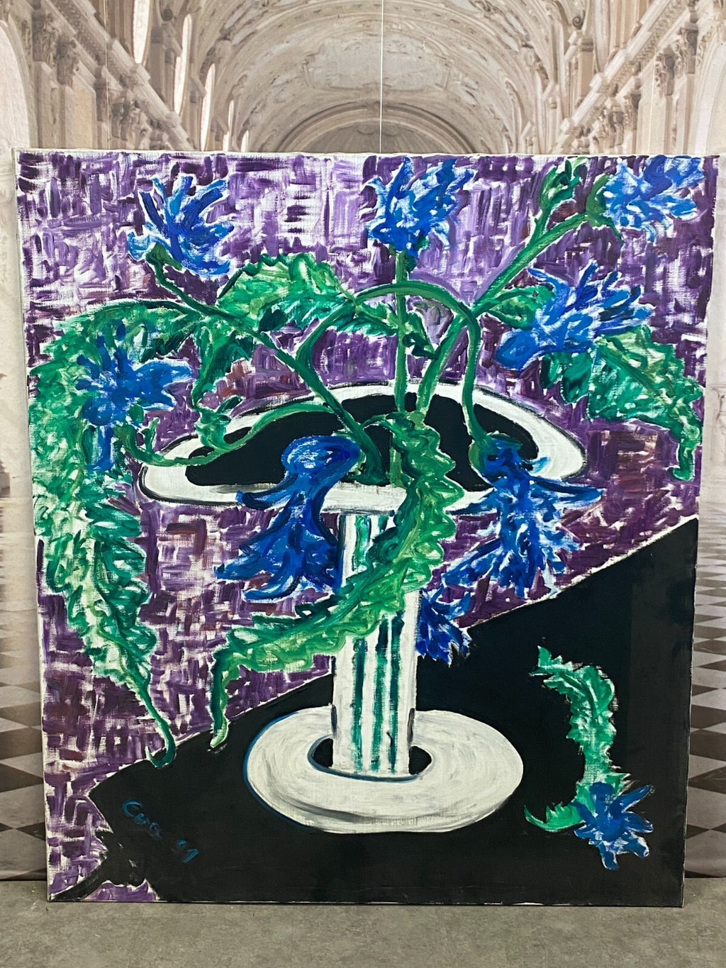 Xxxl Gemälde Acrylgemälde auf Leinwand 130x150cm Blumen auf Säule