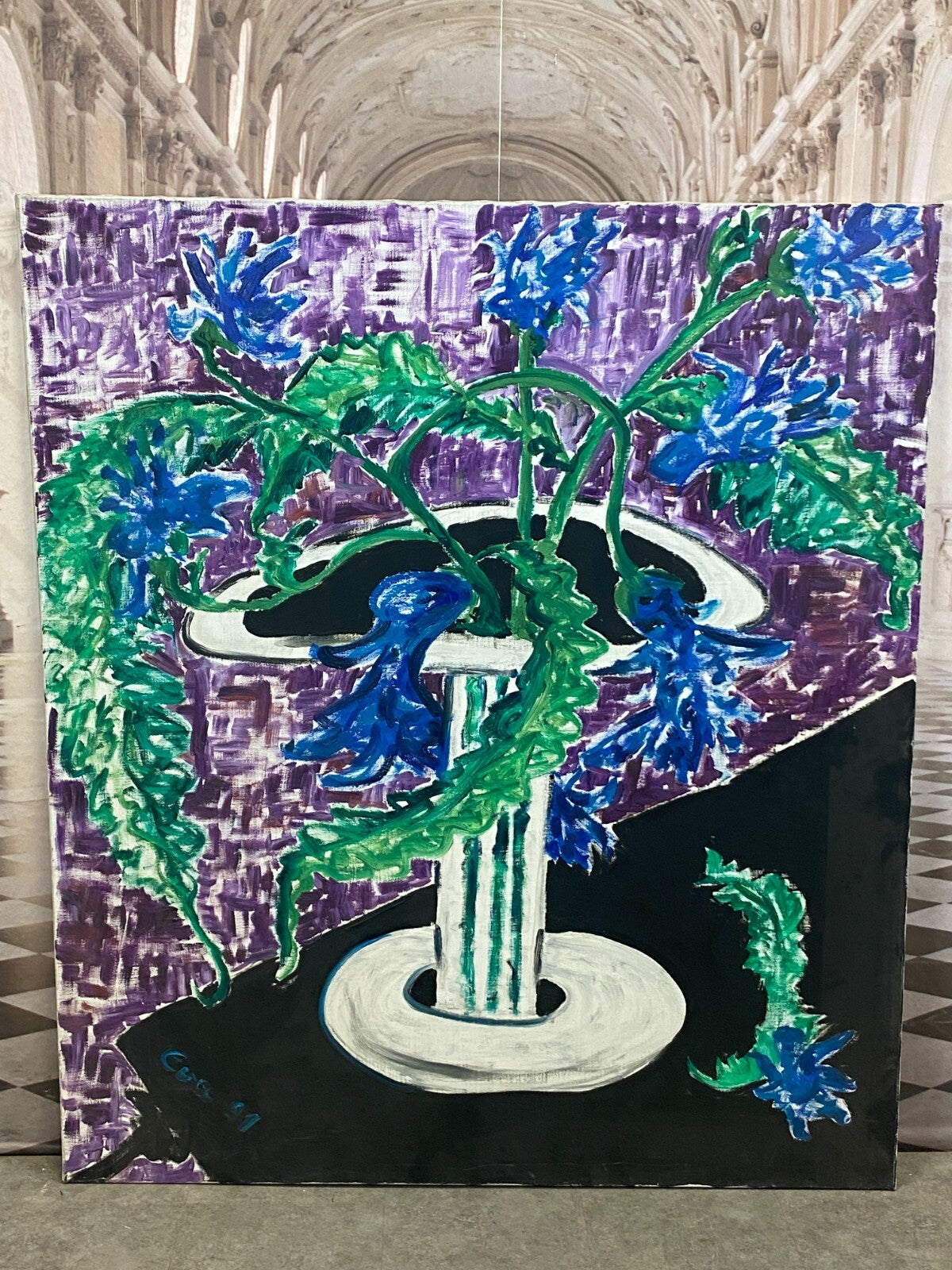Xxxl Gemälde Acrylgemälde auf Leinwand 130x150cm Blumen auf Säule
