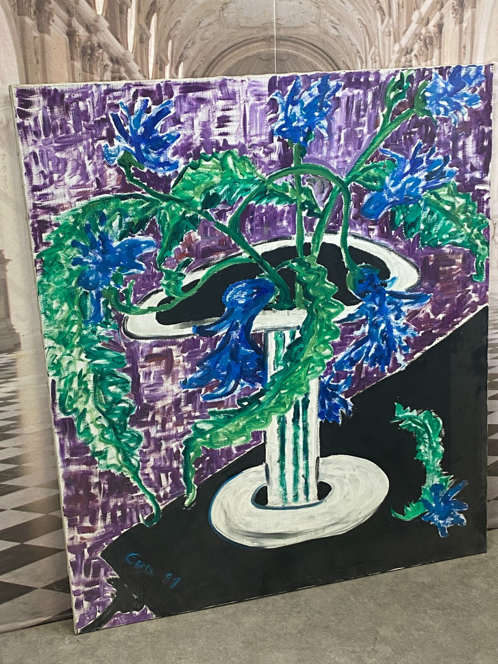 Xxxl Gemälde Acrylgemälde auf Leinwand 130x150cm Blumen auf Säule