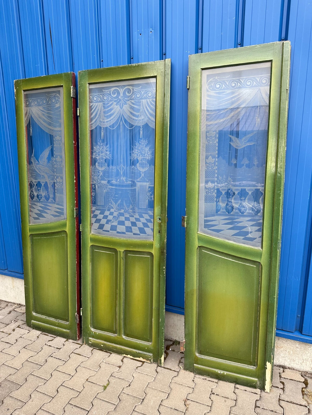 3x antike Tür Innentür mit Glasscheibe Ätzdekor um 1900 Jugendstil Vögel Amphore