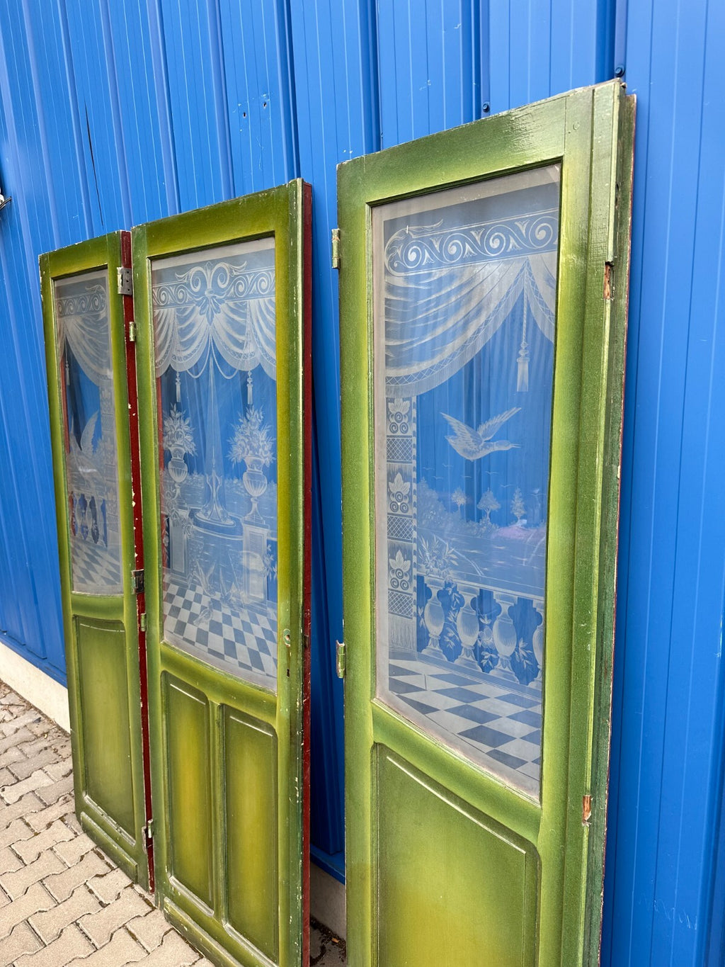3x antike Tür Innentür mit Glasscheibe Ätzdekor um 1900 Jugendstil Vögel Amphore