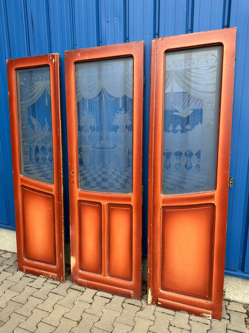 3x antike Tür Innentür mit Glasscheibe Ätzdekor um 1900 Jugendstil Vögel Amphore