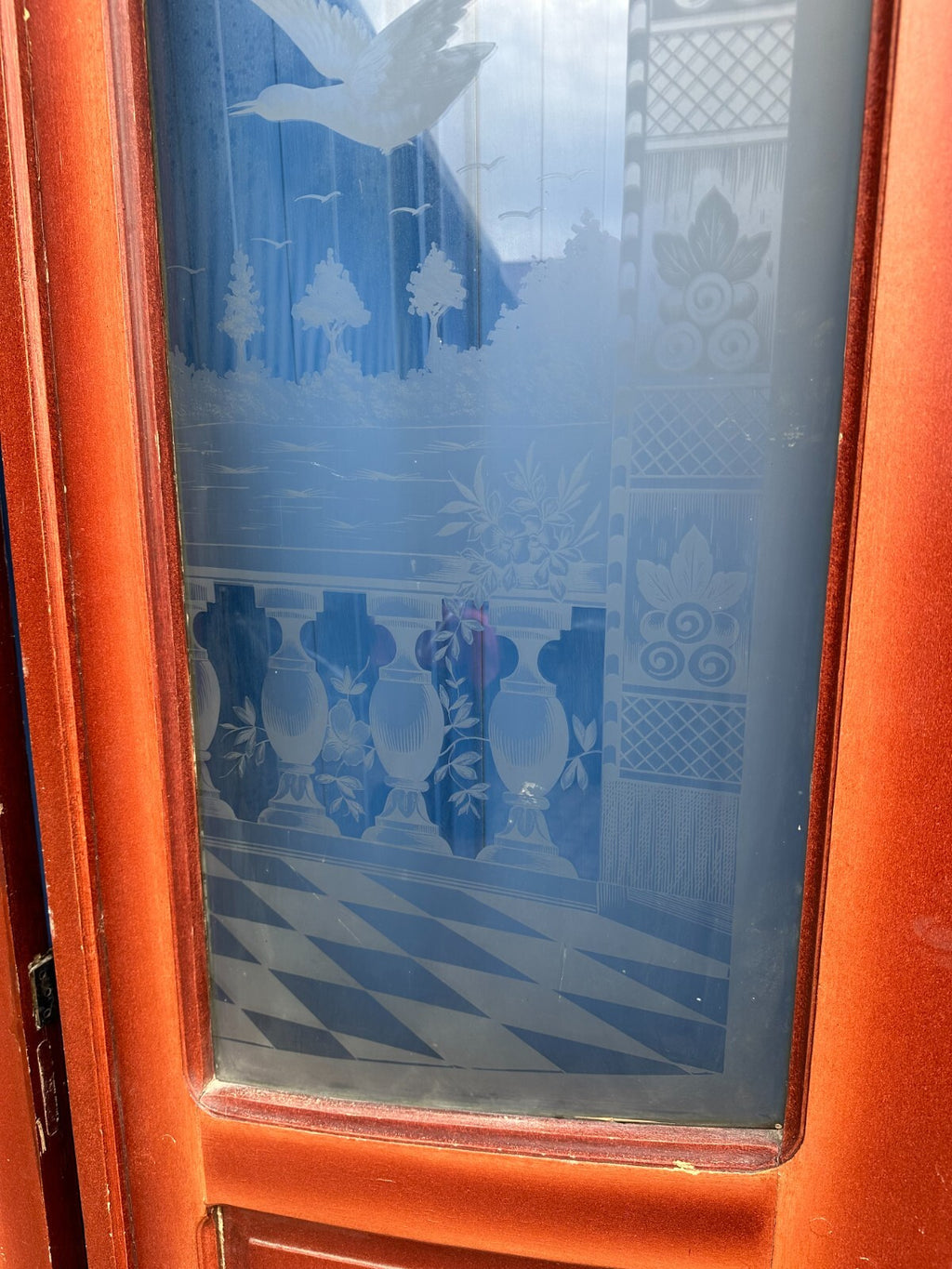 3x antike Tür Innentür mit Glasscheibe Ätzdekor um 1900 Jugendstil Vögel Amphore