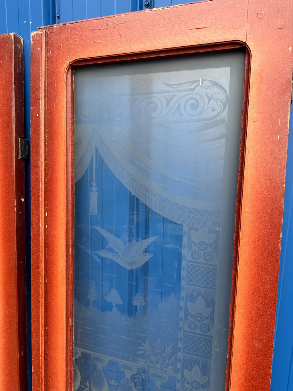 3x antike Tür Innentür mit Glasscheibe Ätzdekor um 1900 Jugendstil Vögel Amphore