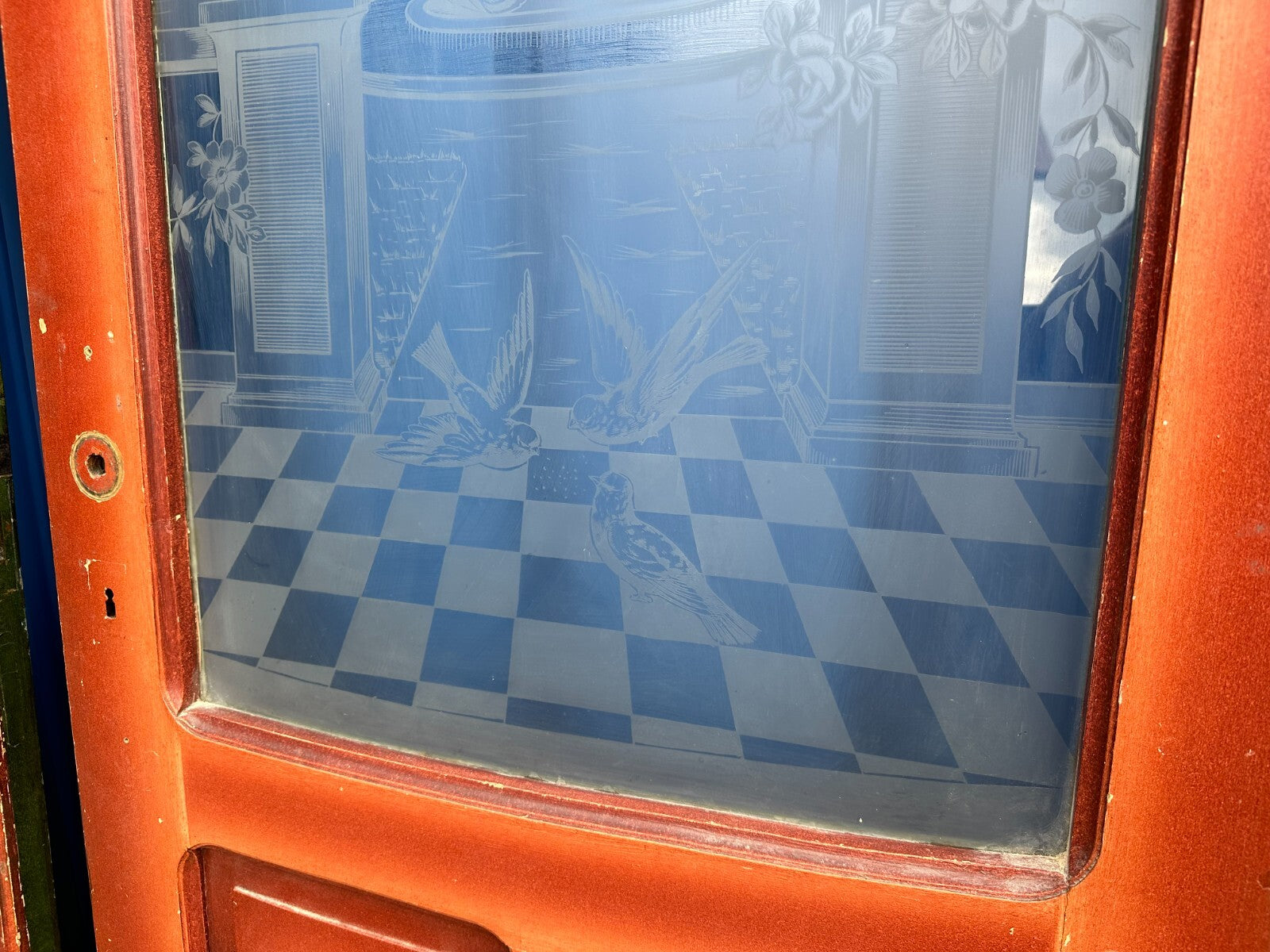 3x antike Tür Innentür mit Glasscheibe Ätzdekor um 1900 Jugendstil Vögel Amphore