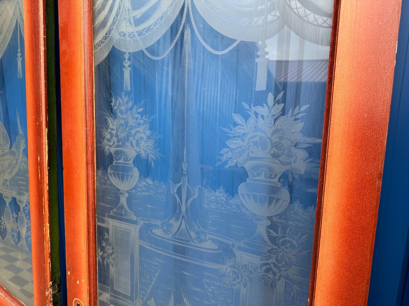 3x antike Tür Innentür mit Glasscheibe Ätzdekor um 1900 Jugendstil Vögel Amphore