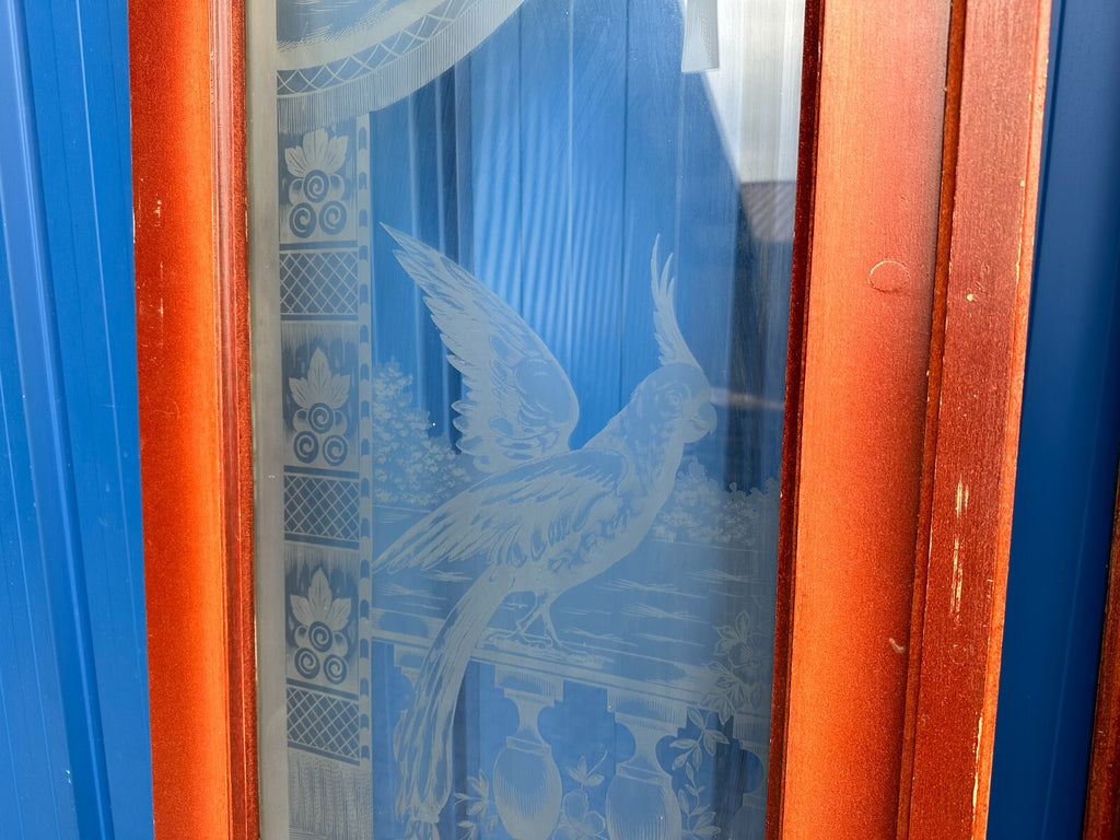 3x antike Tür Innentür mit Glasscheibe Ätzdekor um 1900 Jugendstil Vögel Amphore