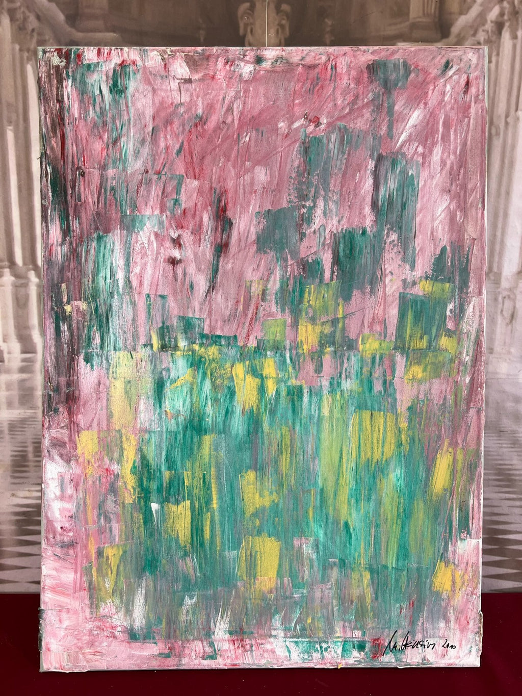 Modernes Ölgemälde auf Leinwand signiert Abstrakte Blumen Wiese 50x70cm