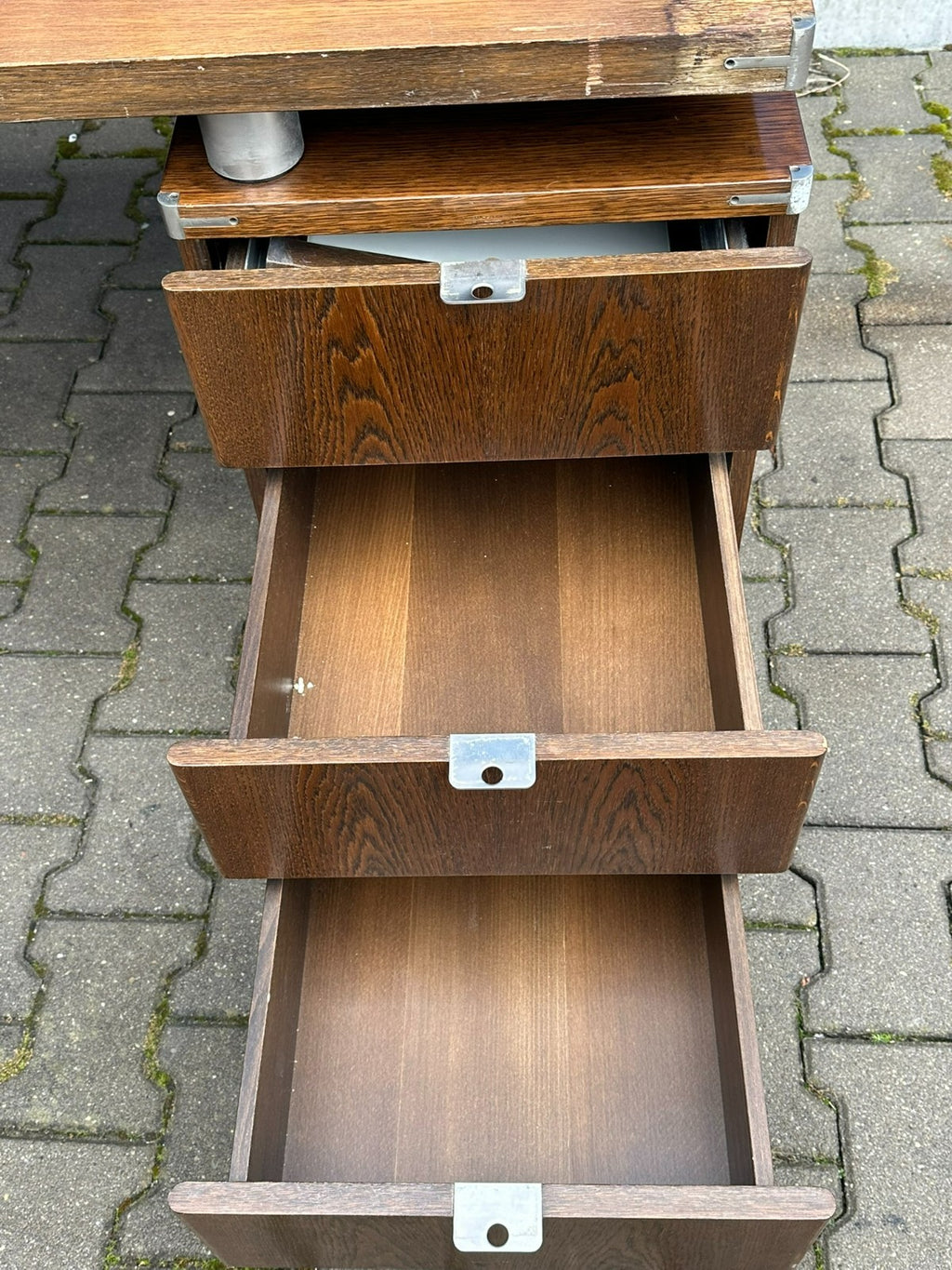 Vintage Designer Schreibtisch Aluminium und Eiche massiv