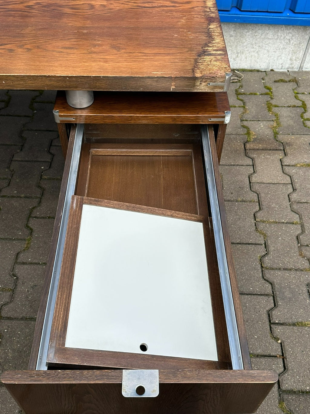 Vintage Designer Schreibtisch Aluminium und Eiche massiv