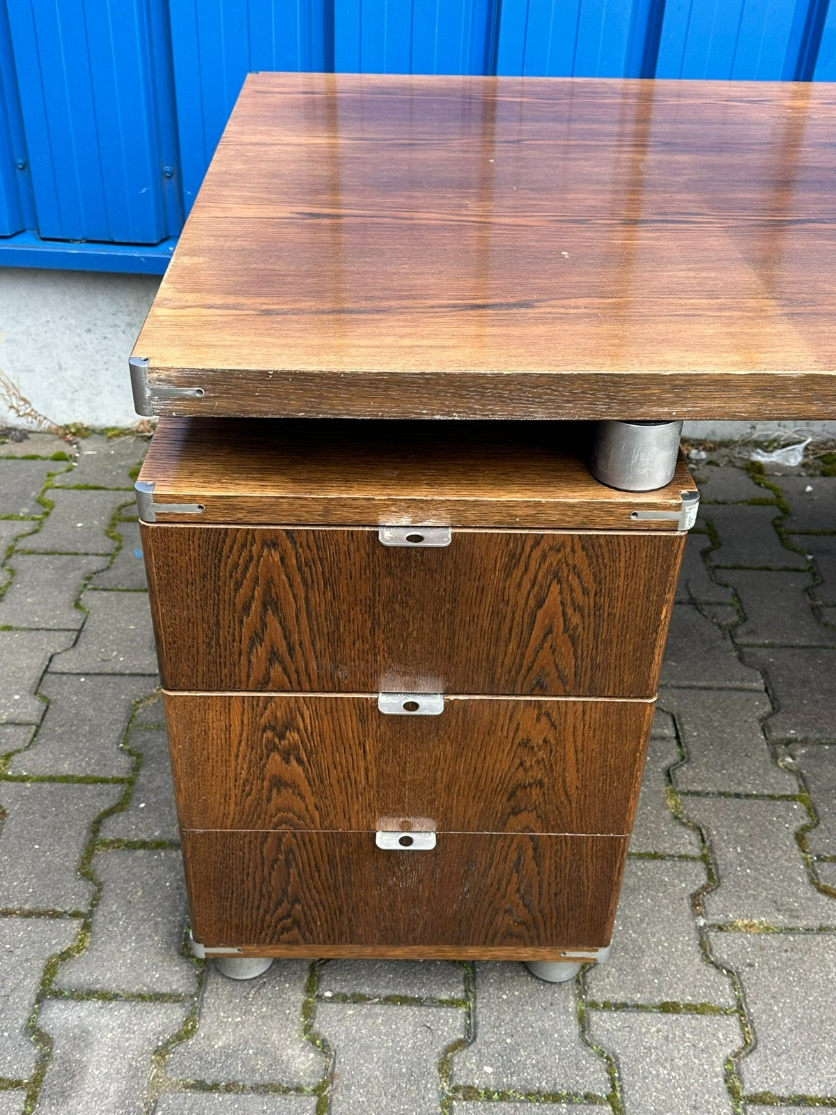 Vintage Designer Schreibtisch Aluminium und Eiche massiv