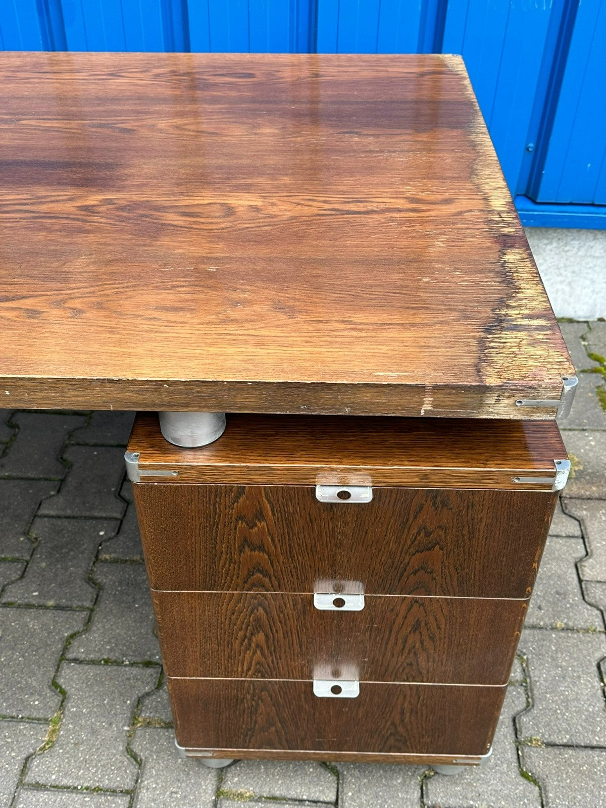 Vintage Designer Schreibtisch Aluminium und Eiche massiv