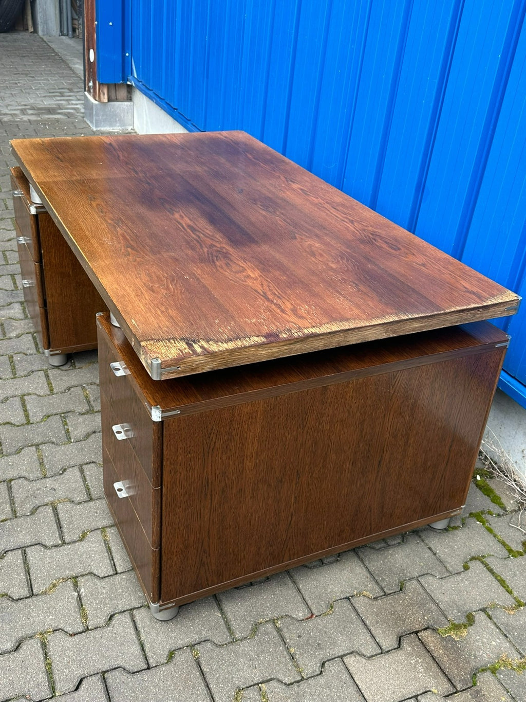 Vintage Designer Schreibtisch Aluminium und Eiche massiv