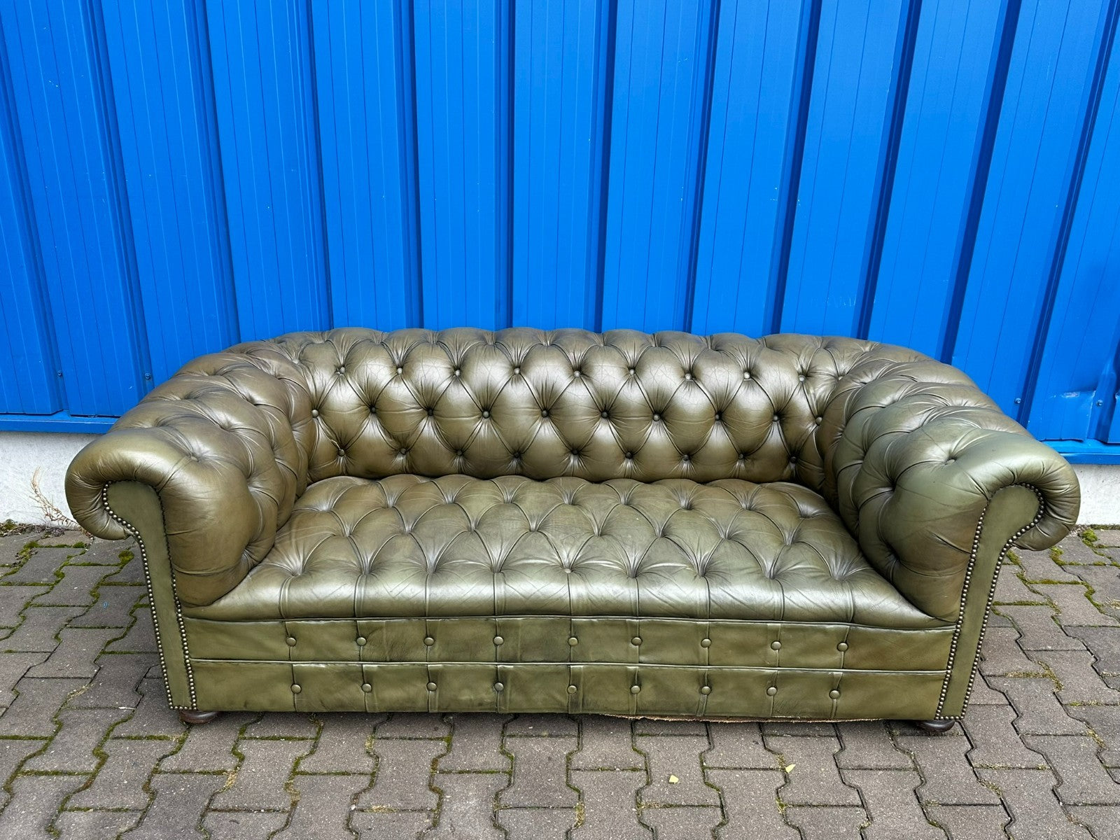 VINTAGE CHESTERFIELD SOFA COUCH ORIGINAL ENGLISCH OLIV GRÜN LEDER